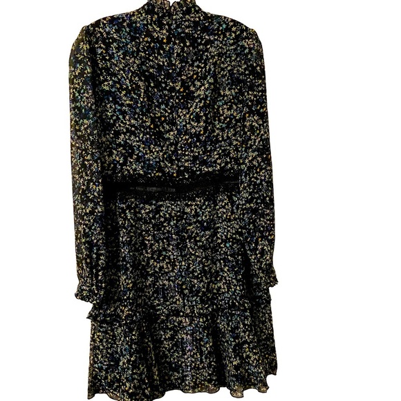 Donna Morgan Jade Black Small Floral Print Long Sleeves Ruffles Zip Dress Size 4 - Picture 4 of 11